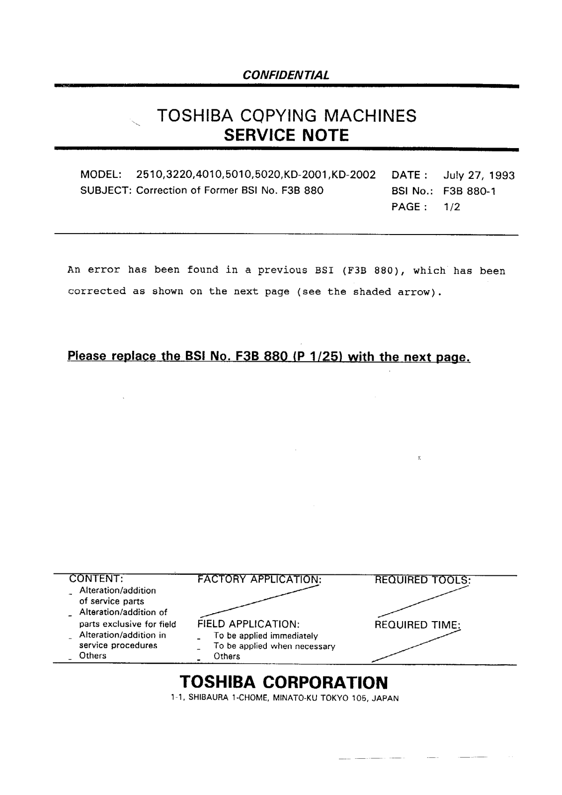 Toshiba f3b880 Service Note