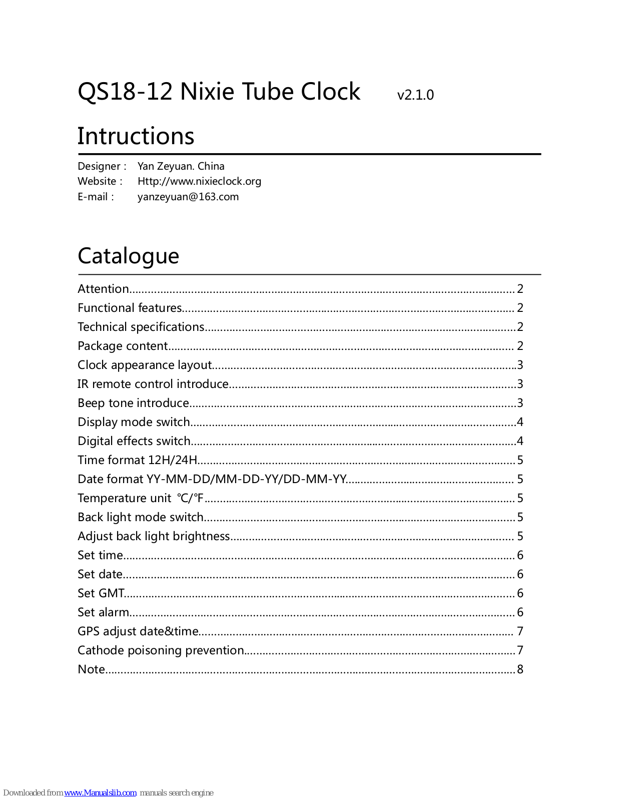 Nixie Clock QS18-12 Instructions Manual - ManualMachine.com