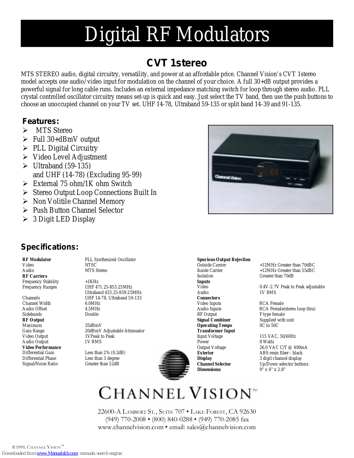 Channel Vision Digital RF Modulators CVT 1stereo Specifications - ManualMachine.com