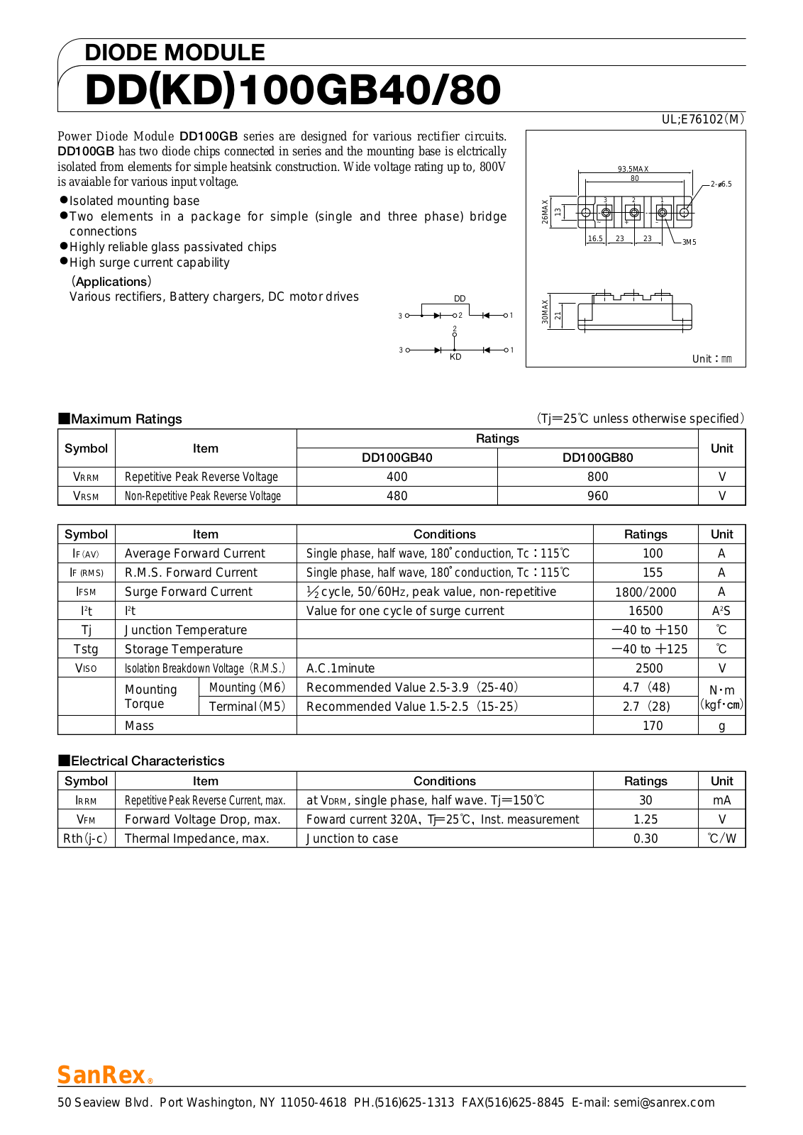 Sanrex-Sansha Electric Manufacturing DD100GB40, DD100GB80, KD100GB40, KD100GB80 Data Sheet