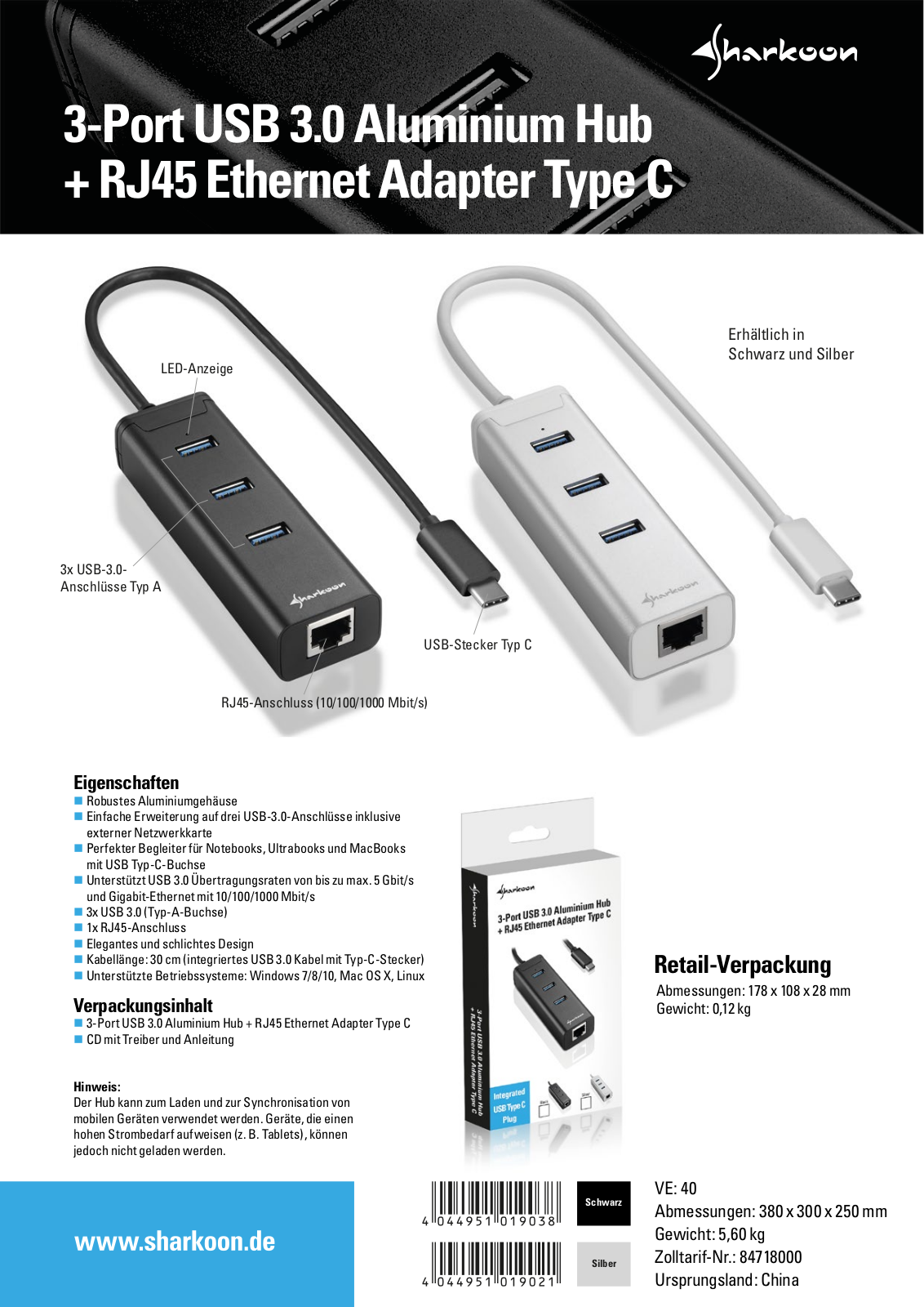 Sharkoon 3-Port USB 3.0 Aluminium Hub User Manual