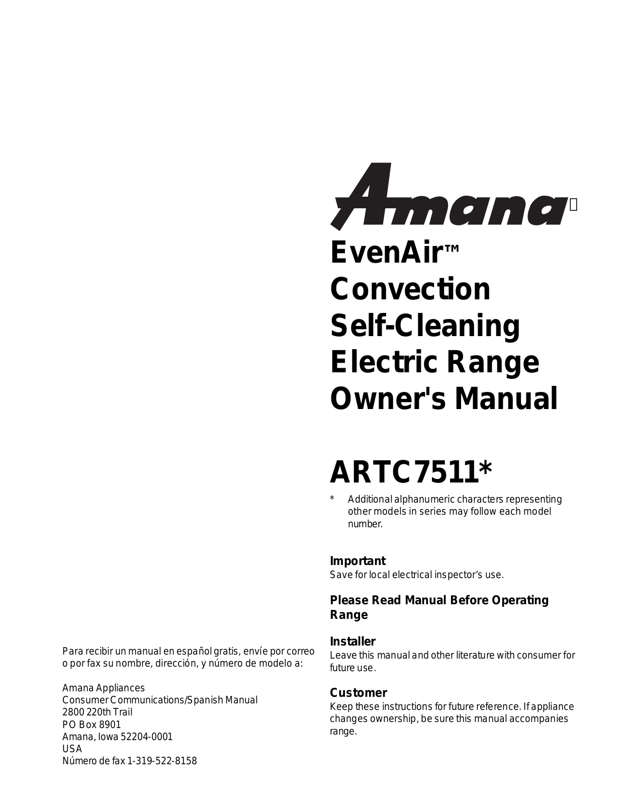 Amana ARTC7511 User Manual