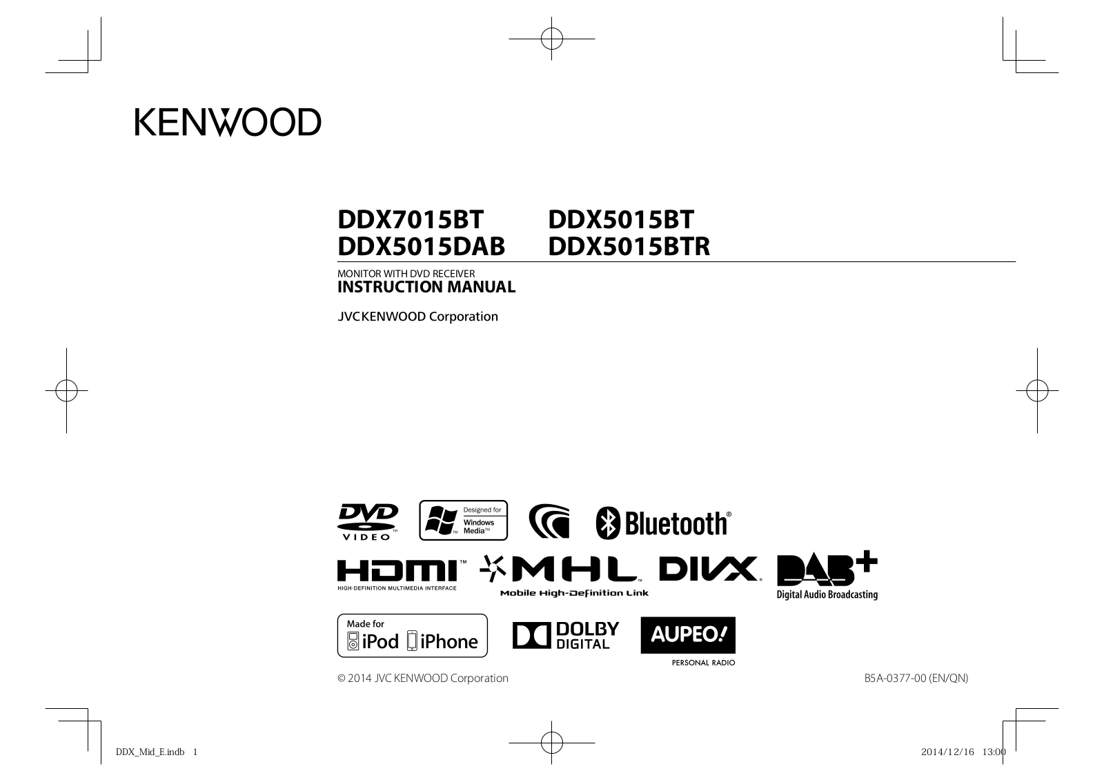 Kenwood DDX5015BTR, DDX5015BT, DDX5015DAB, DDX7015BT User Manual