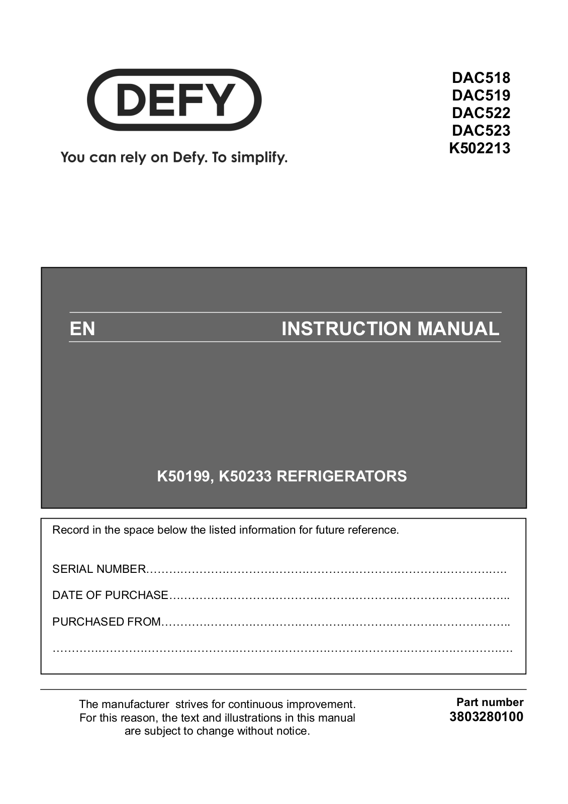 Defy K50199, K50233 User Manual