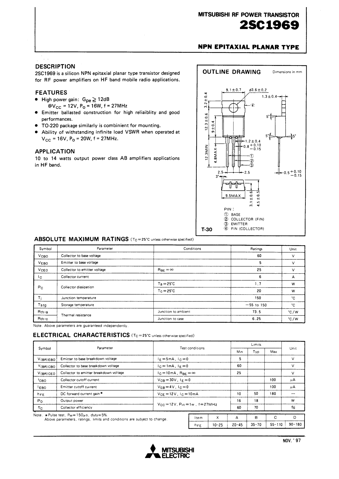 Mitsubishi Electric Corporation Semiconductor Group 2SC1969 Datasheet