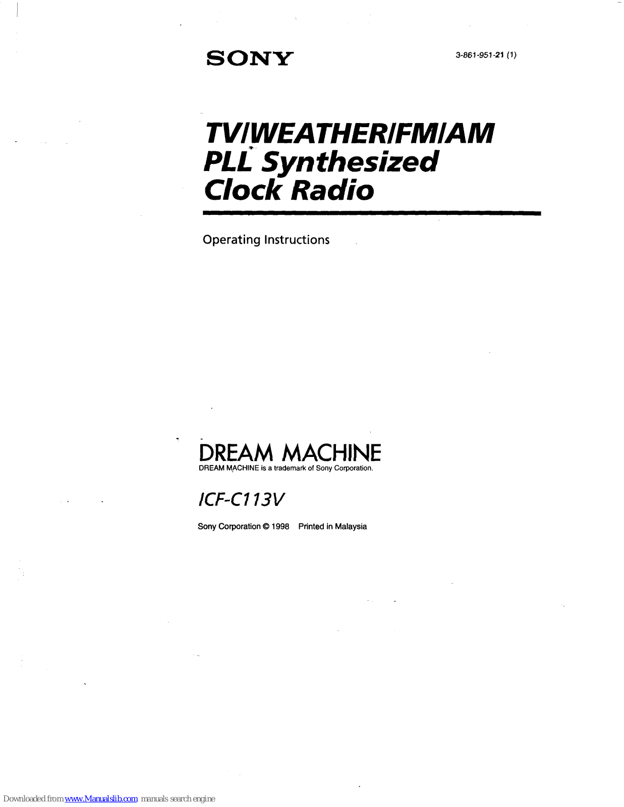 Sony Walkman ICF-C113V, Dream Machine ICF-C113V User Manual