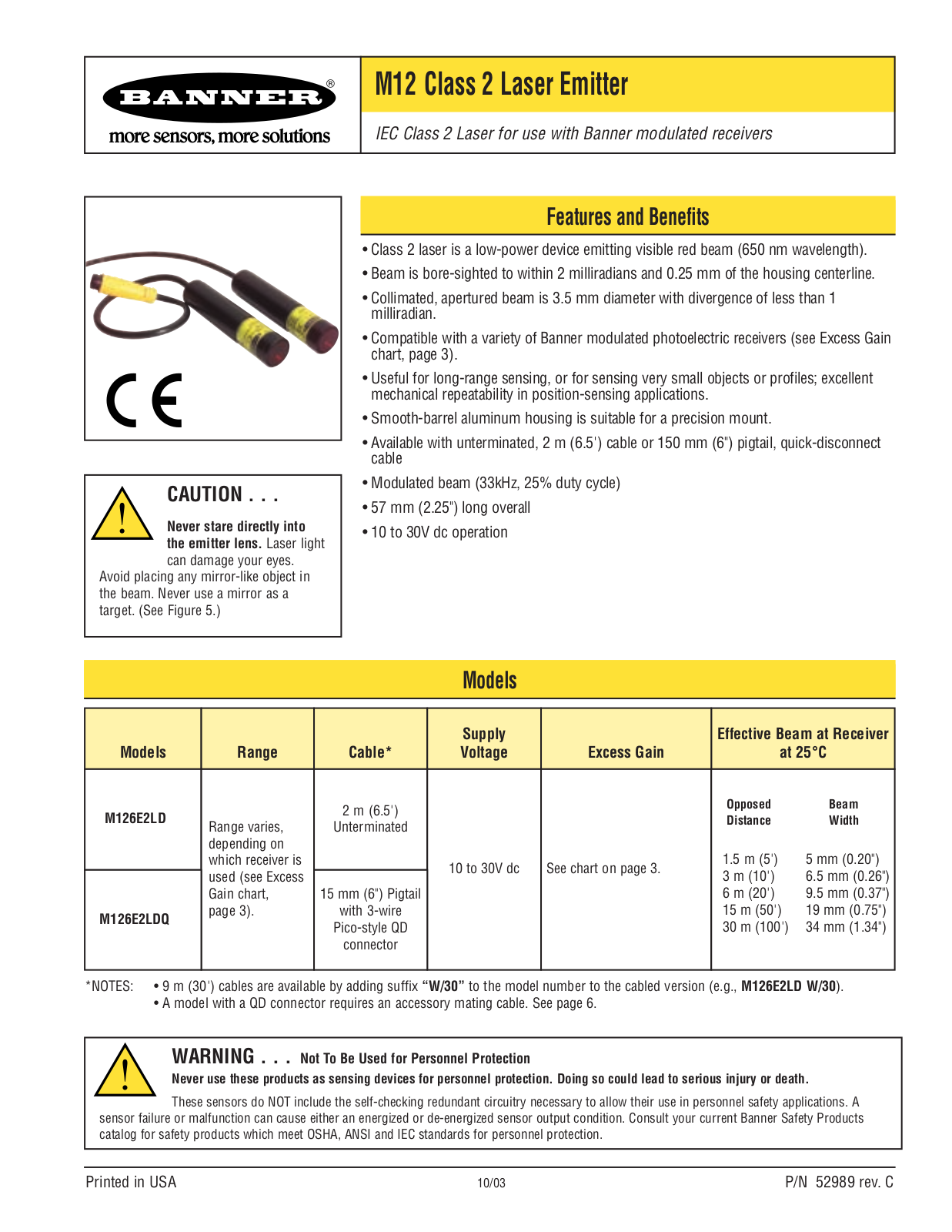 Banner M12 Laser Emitters User Manual