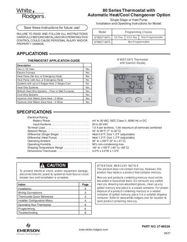 White Rodgers 1F80ST0471, 1F86ST0471 User Manual