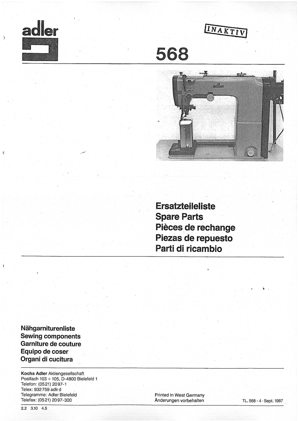 Durkopp Adler 568 Parts Book