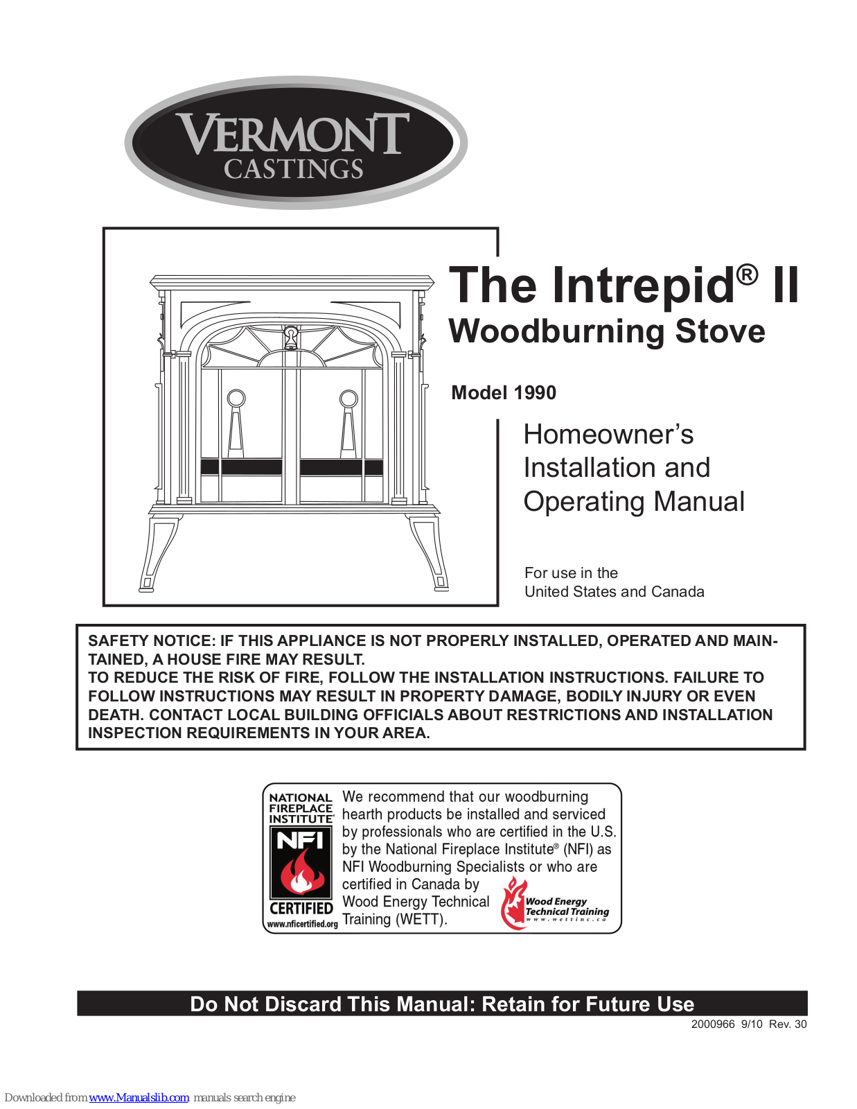 Vermont Castings 1990, Intrepid II 1990 Homeowner's Installation And Operating Manual