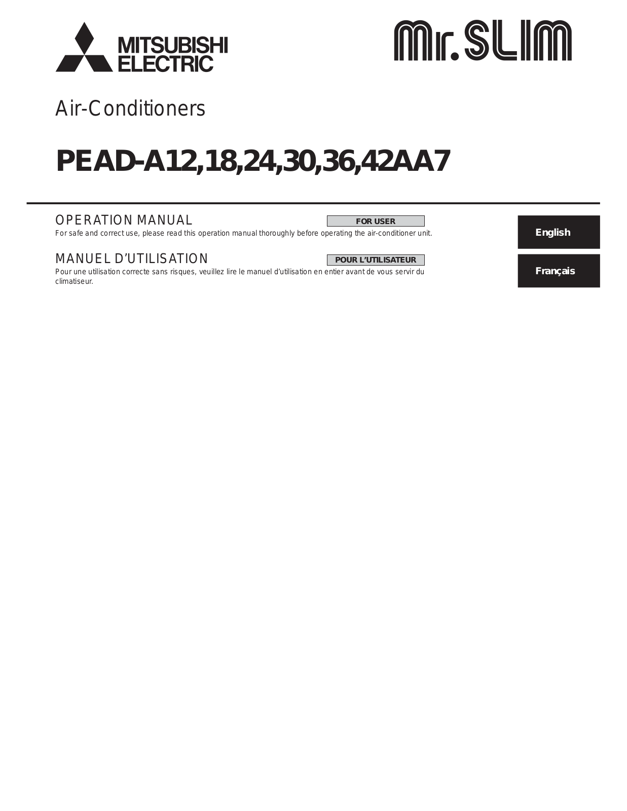 Mitsubishi PEAD-A42AA7, PEAD-A30AA7, PEAD-A36AA7, PEAD-A12AA7, PEAD-A18AA7 Operation Manual