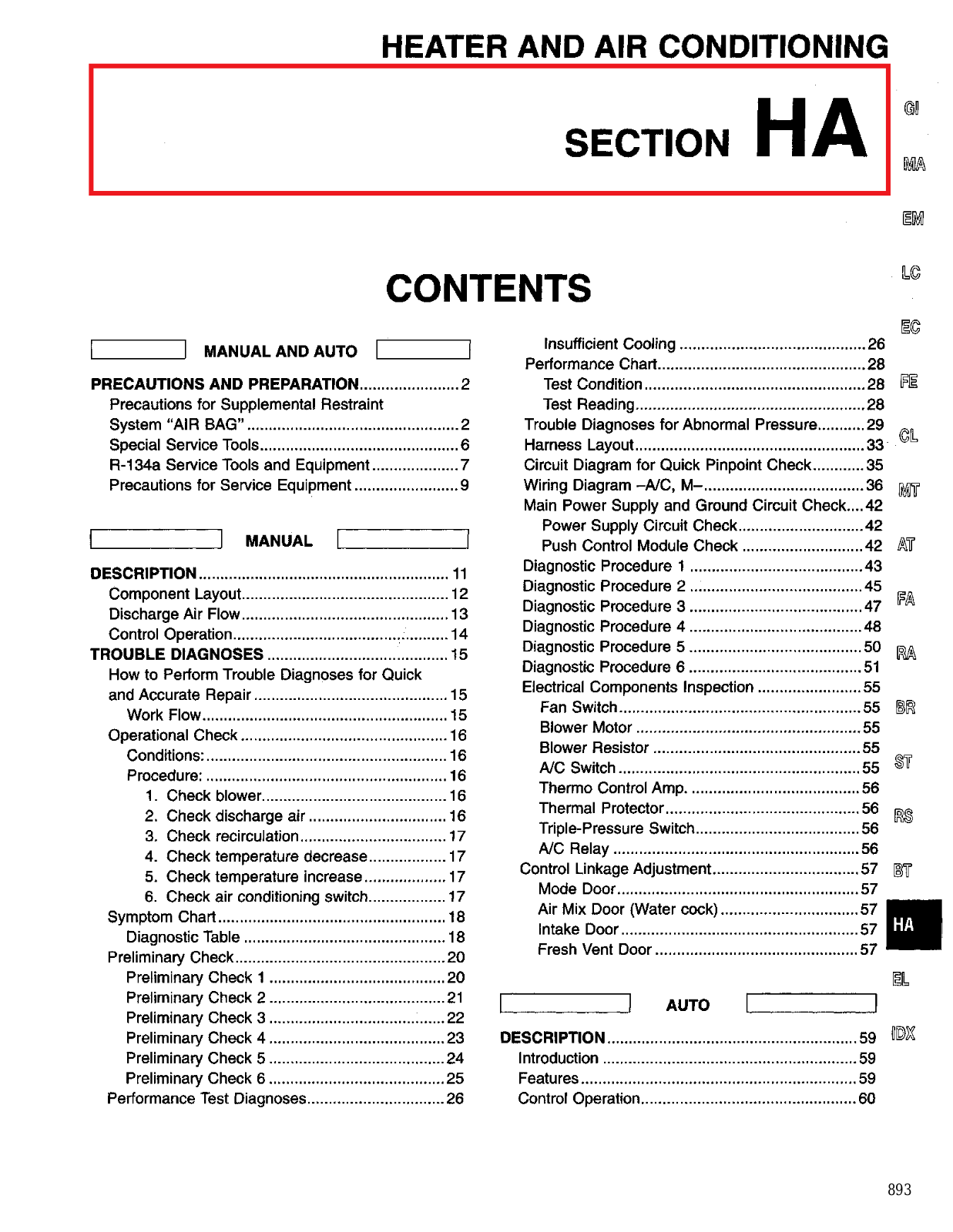 Nissan Altima Heater Air Condition  HA 1995 Owner's Manual