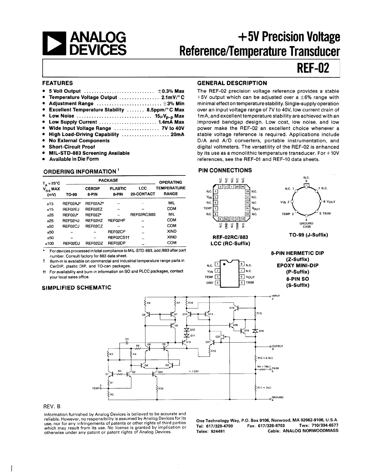 Analog Devices REF02AJ, REF02HZ, REF02J, REF02RC-883, REF02Z Datasheet