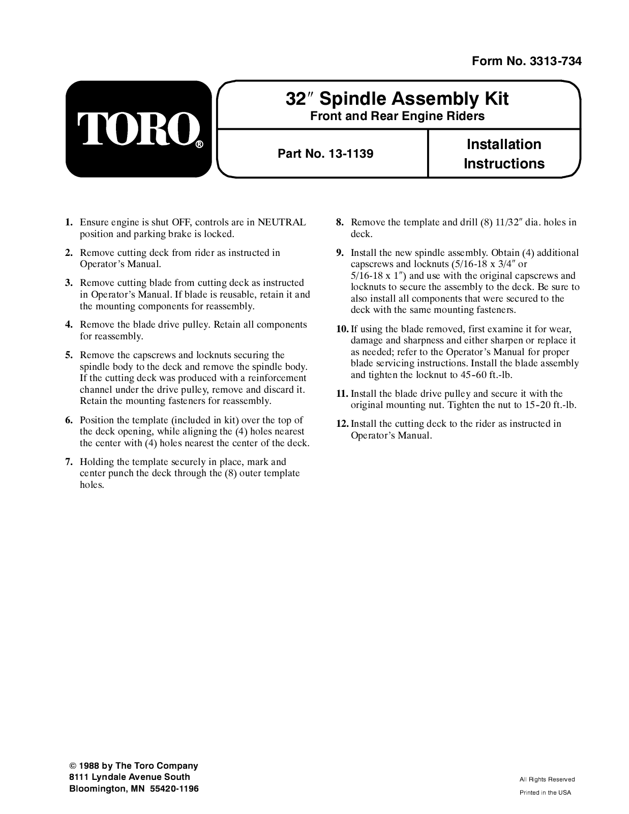 Toro 72-3750 Installation Instructions