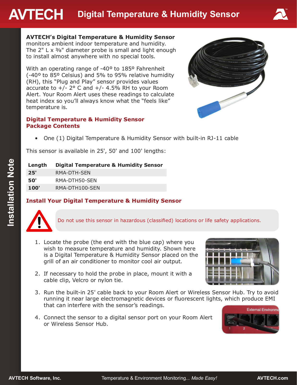 Avtech RMA-DTH-SEN, RMA-DTH50-SEN, RMA-DTH100-SEN Installation Note