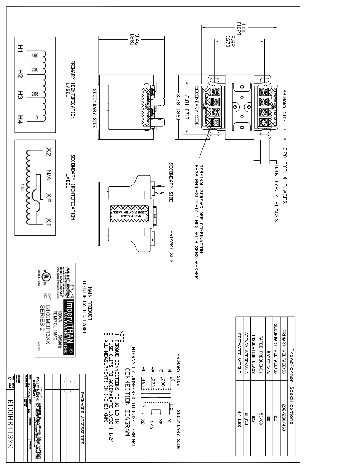 Micron Industries B100MBT13XK Specification Sheet