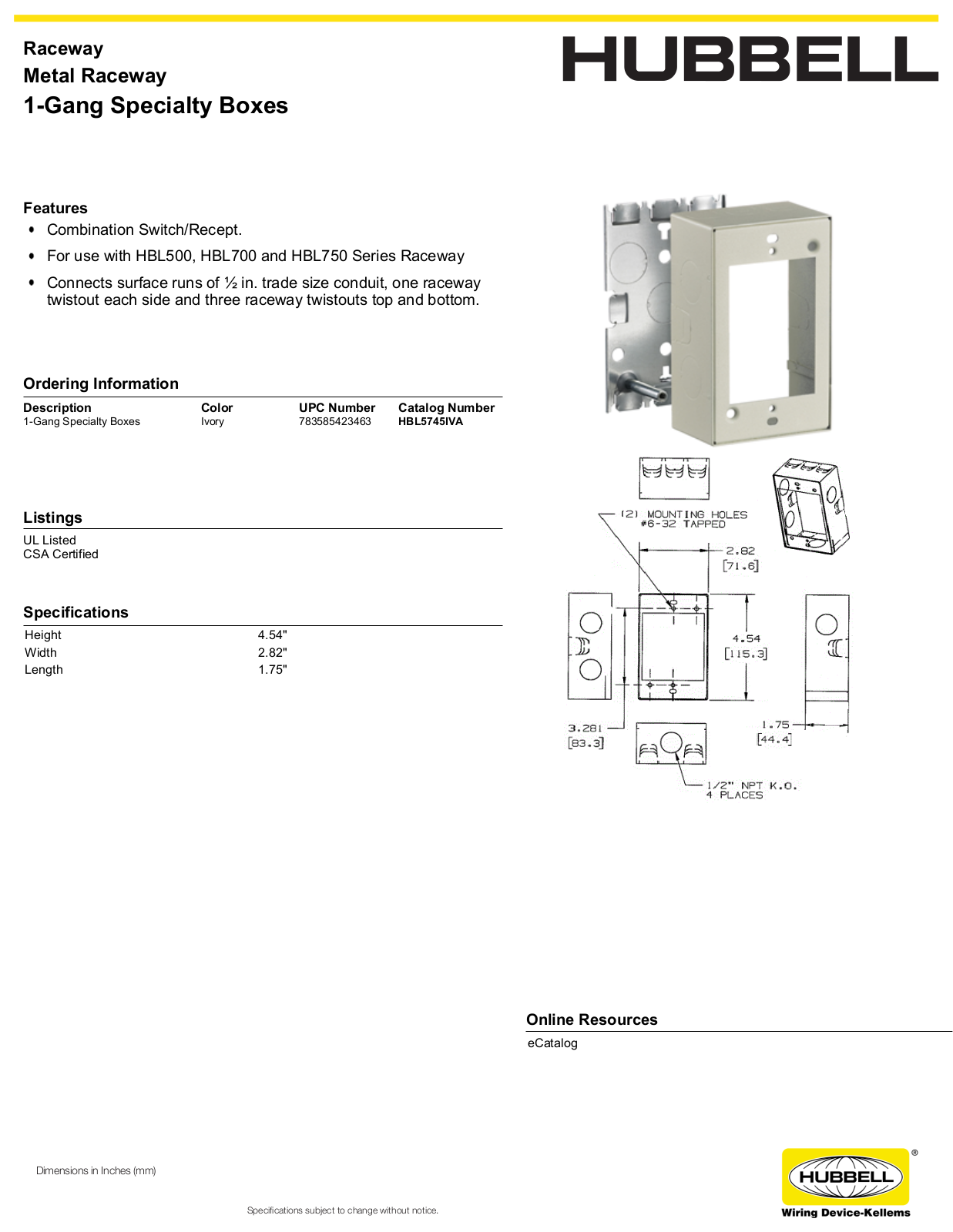 Hubbell HBL5745IVA Specifications