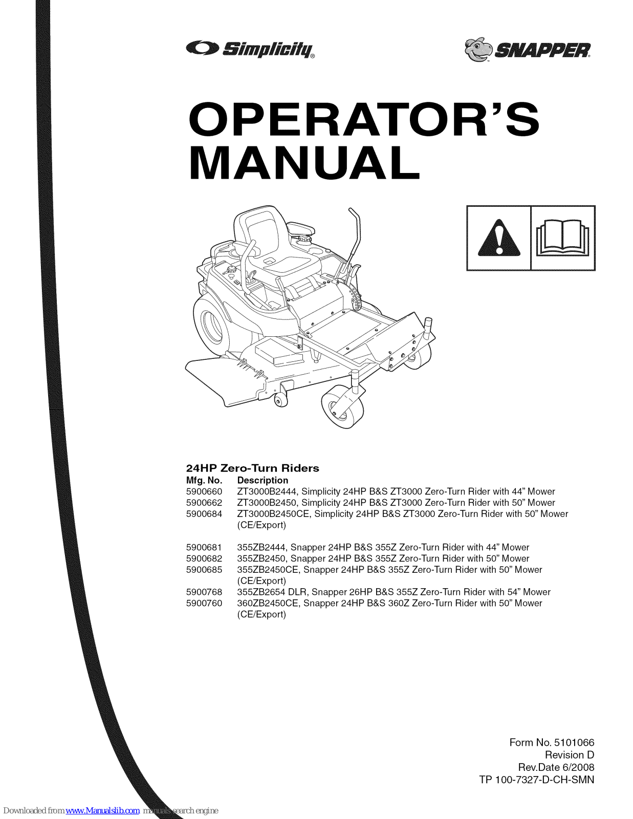 Snapper ZT3000B2444, ZT3000B2450, ZT3000B2450CE, 355ZB2450CE, 360ZB2450CE Operator's Manual - ManualMachine.com