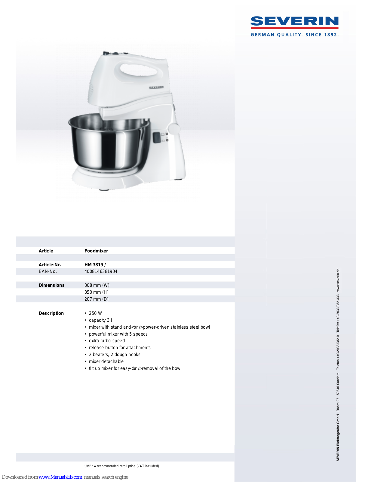 SEVERIN HANDMIXER-SET HM 3819, HM 3819 Dimensions