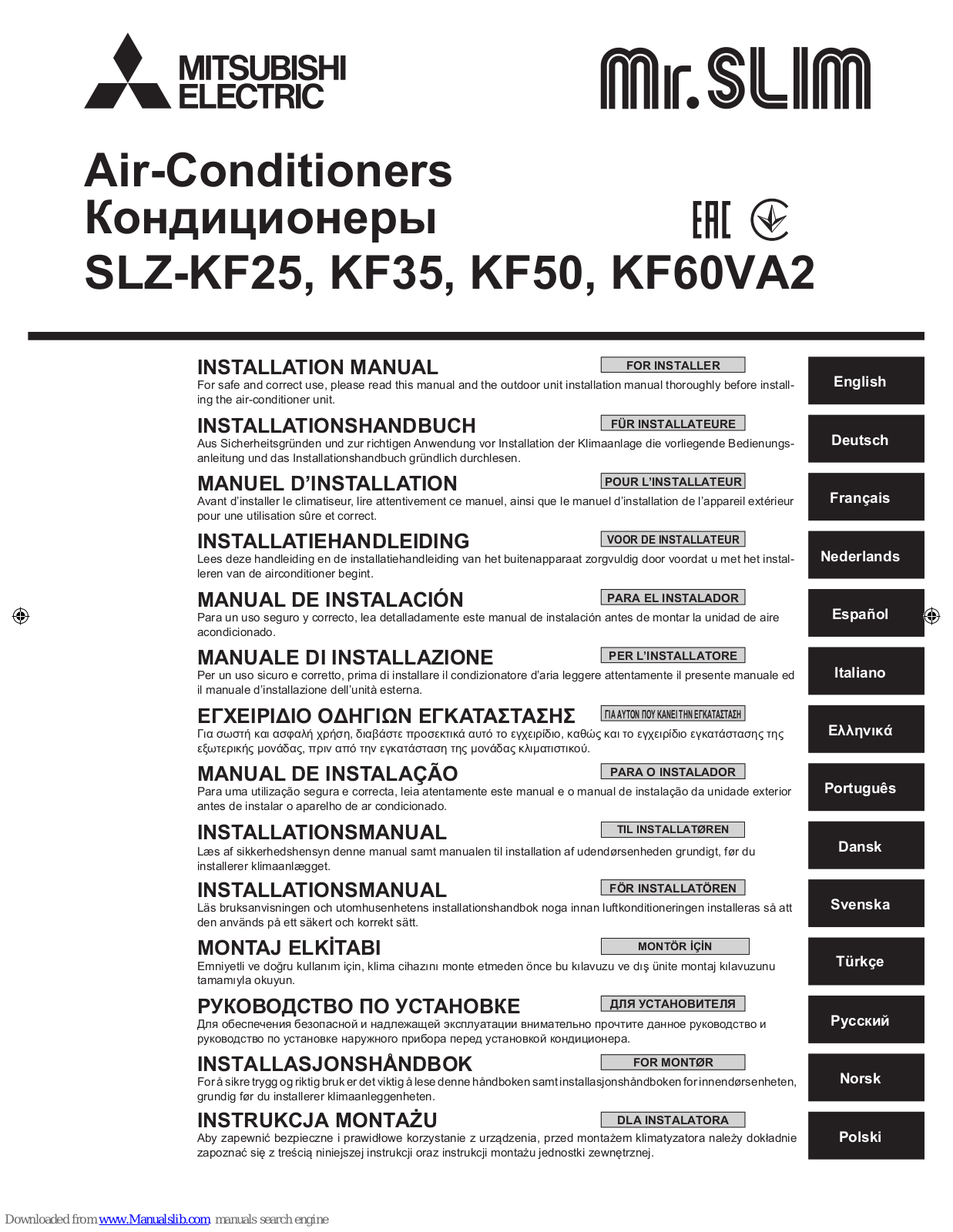 Mitsubishi Electric SLZ-KF25, KF60VA2, KF35, KF50 Installation Manual