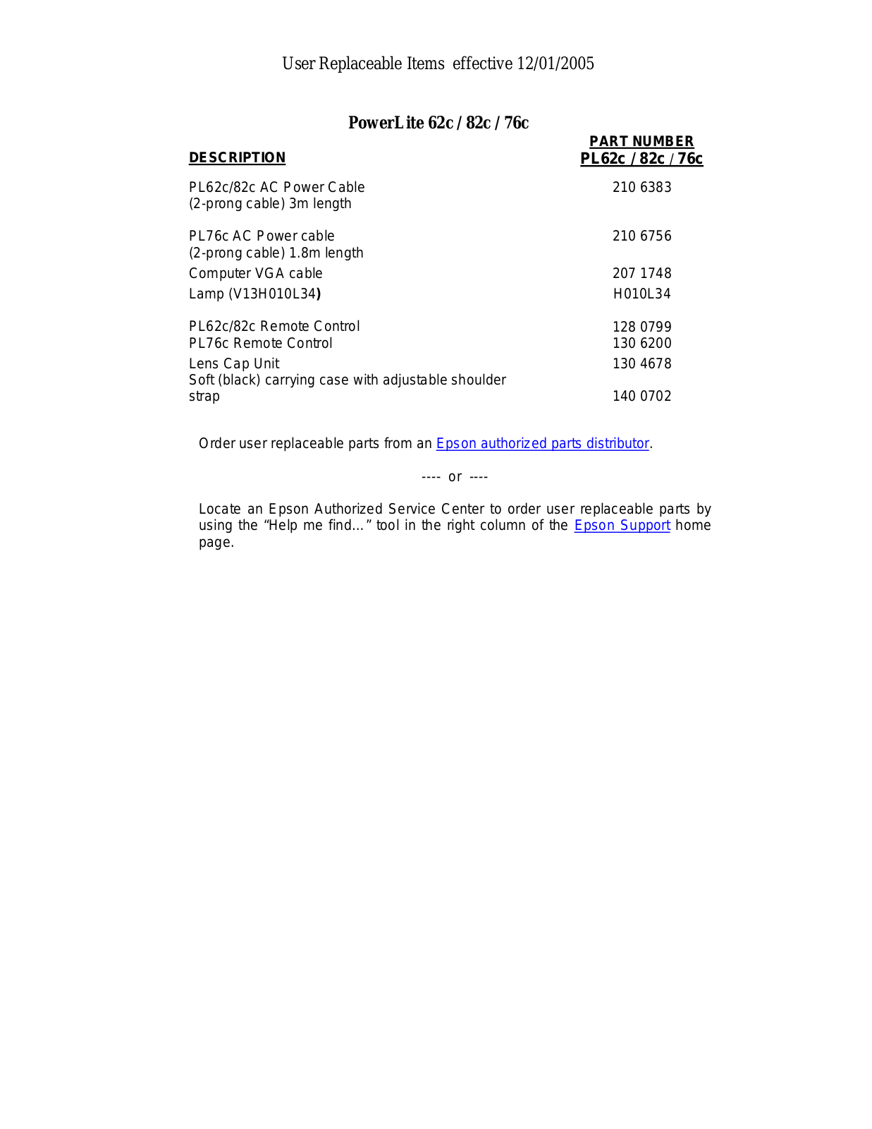 Epson POWERLITE 82C, POWERLITE 76C, POWERLITE 62C User Manual