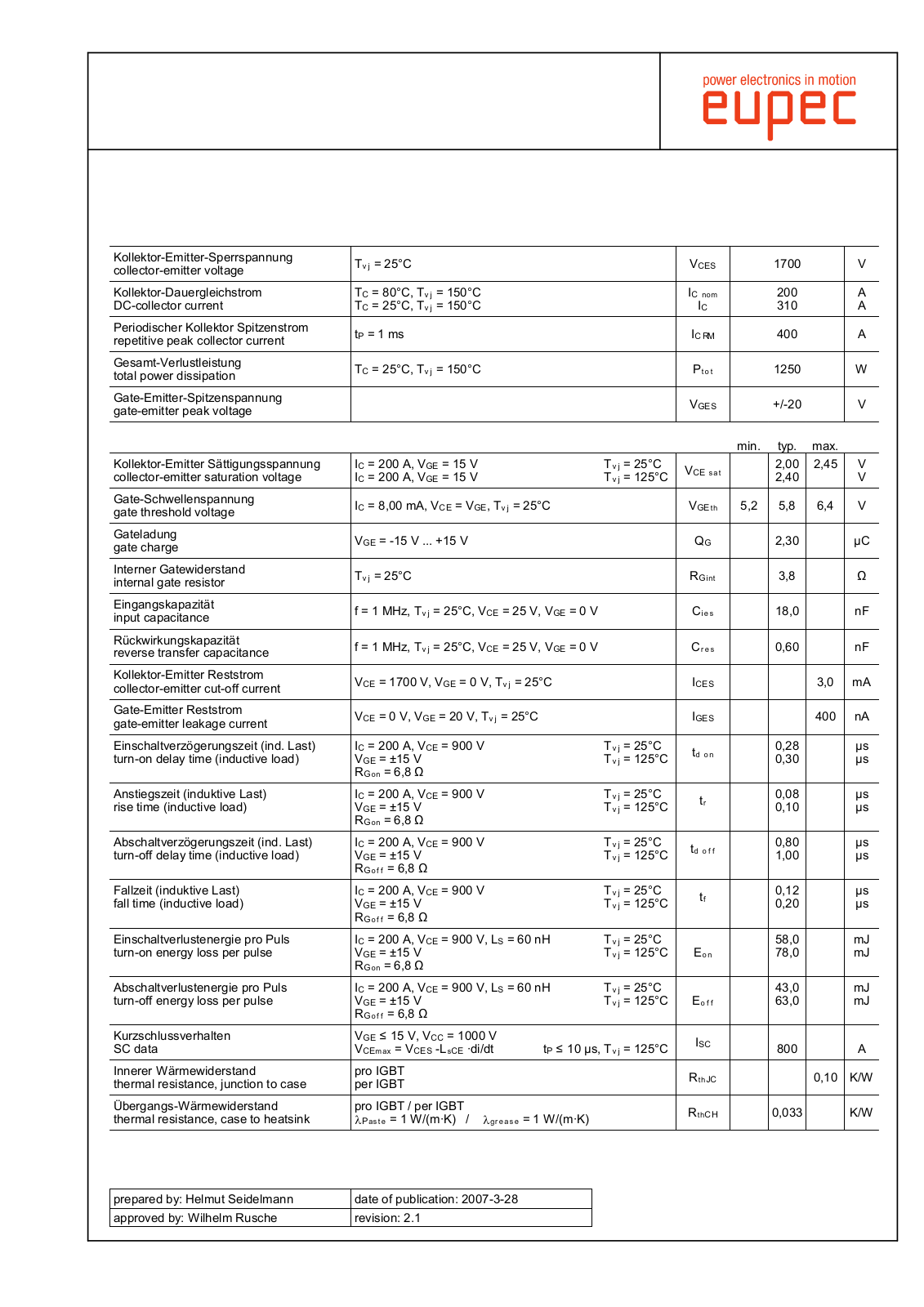 Infineon FF200R17KE3 Data Sheet