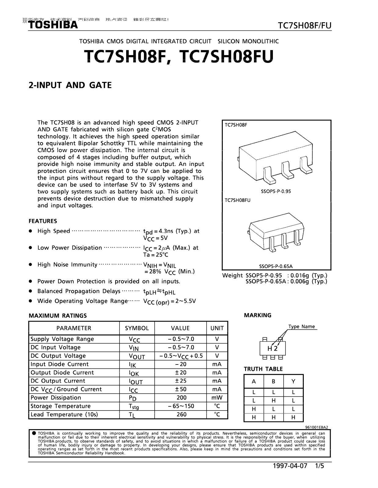 TOSHIBA TC7SH08F, TC7SH08FU Technical data