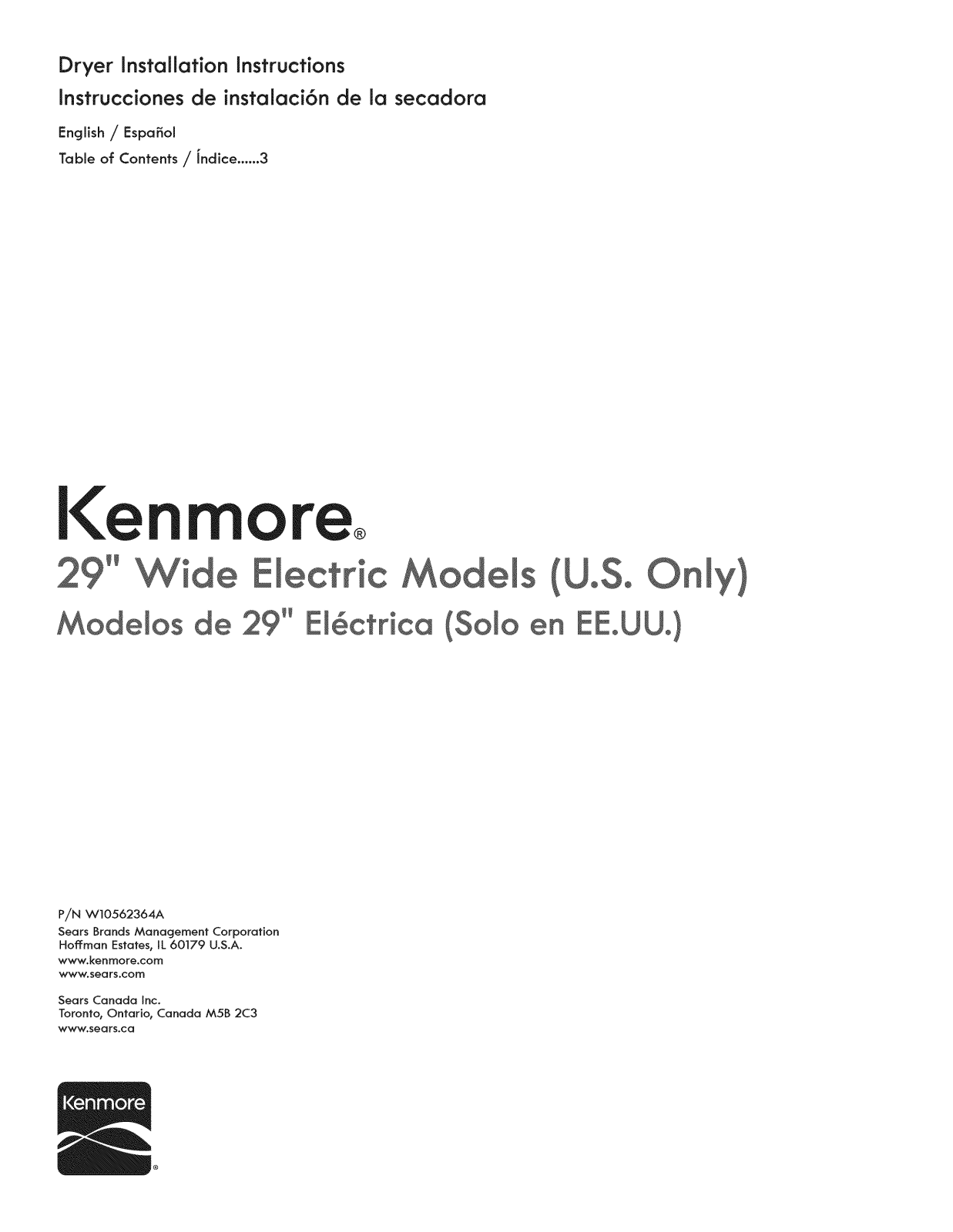 Kenmore 11062102310, 11062102311, 11062332510, 11062342510, 11065102310 Installation Guide