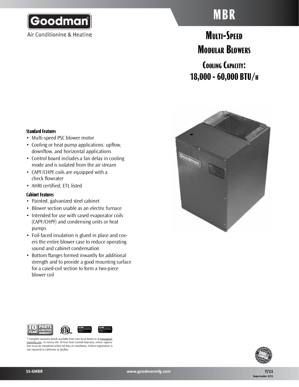 Goodman MBR0800AA-1, MBR1200AA-1, MBR1600AA-1, MBR2000AA-1 REPAIR PARTS