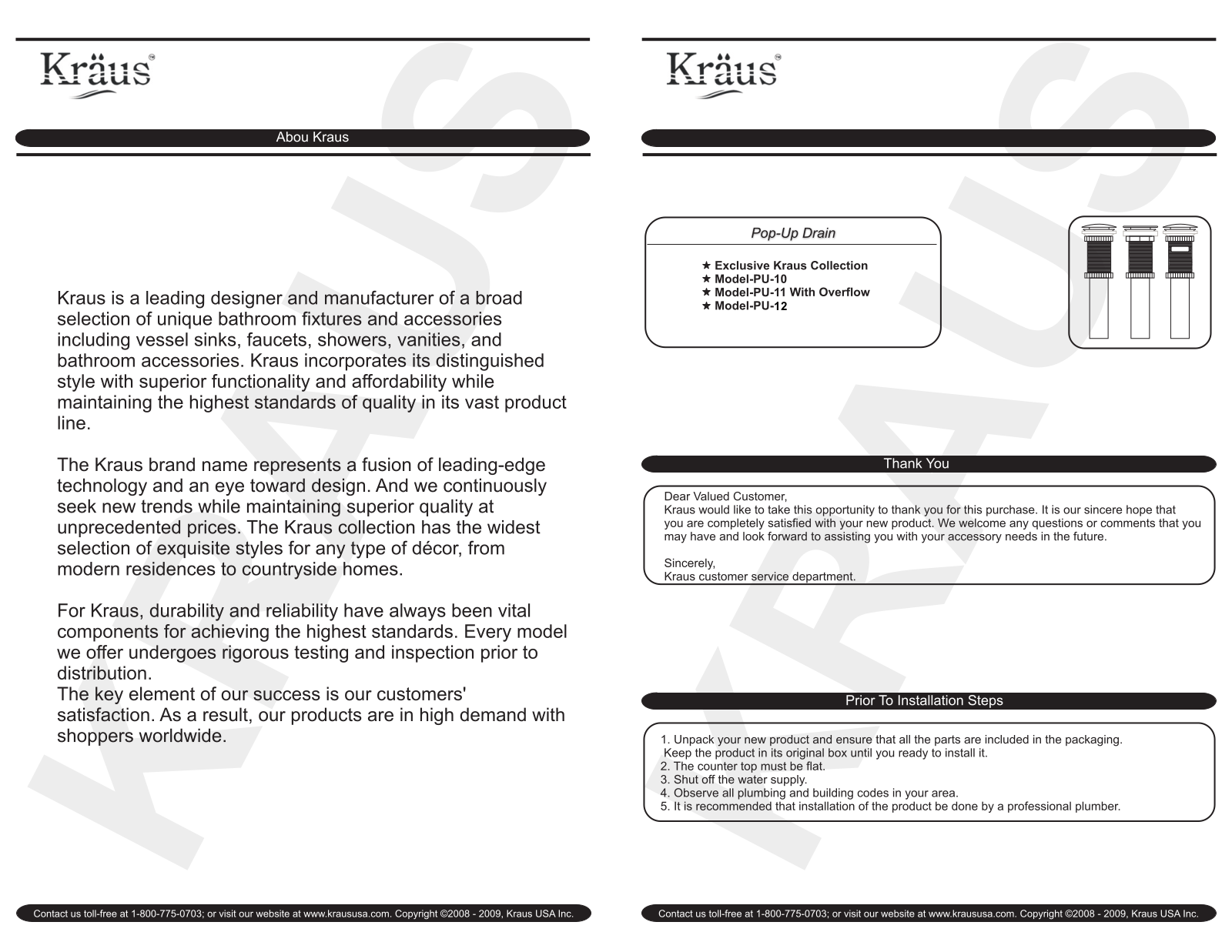 Kraus GV10414SN, GV100SN, GVR204REORB, GV10114ORB, GV10119MMCH Installation Manual