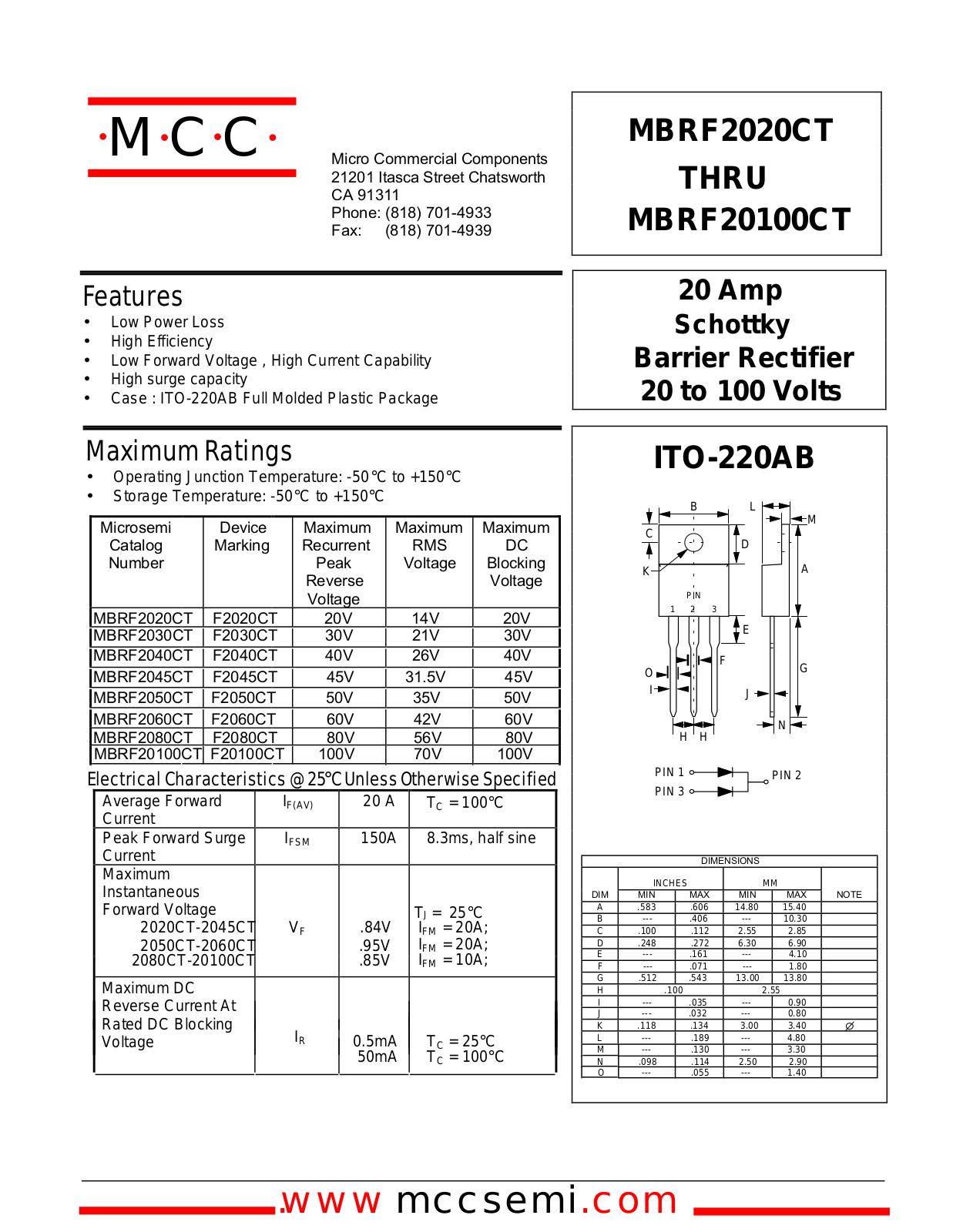 MCC MBRF2080CT, MBRF2060CT, MBRF2050CT, MBRF2020CT, MBRF2030CT Datasheet