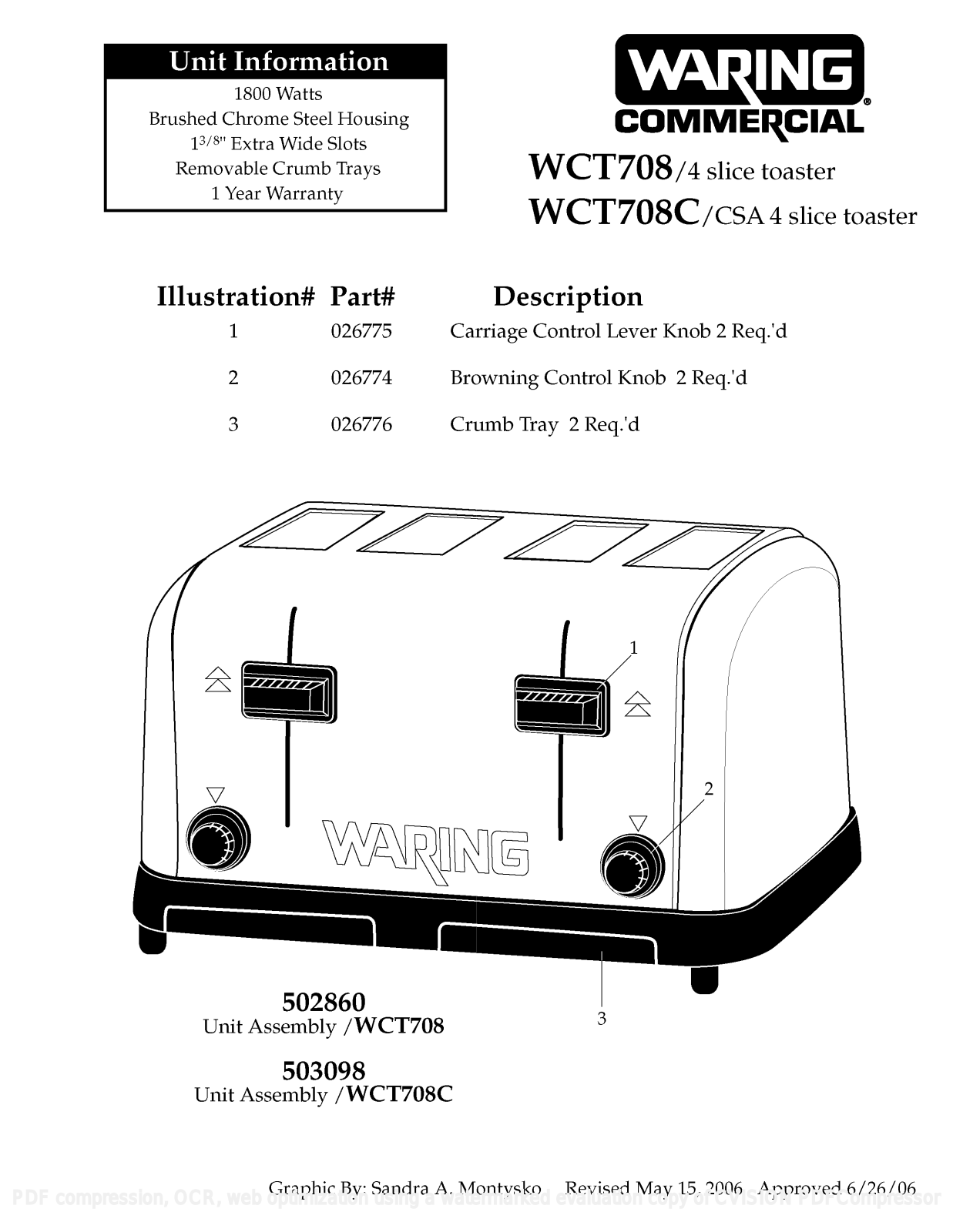 Waring Products WCT708, WCT708C Part Manual