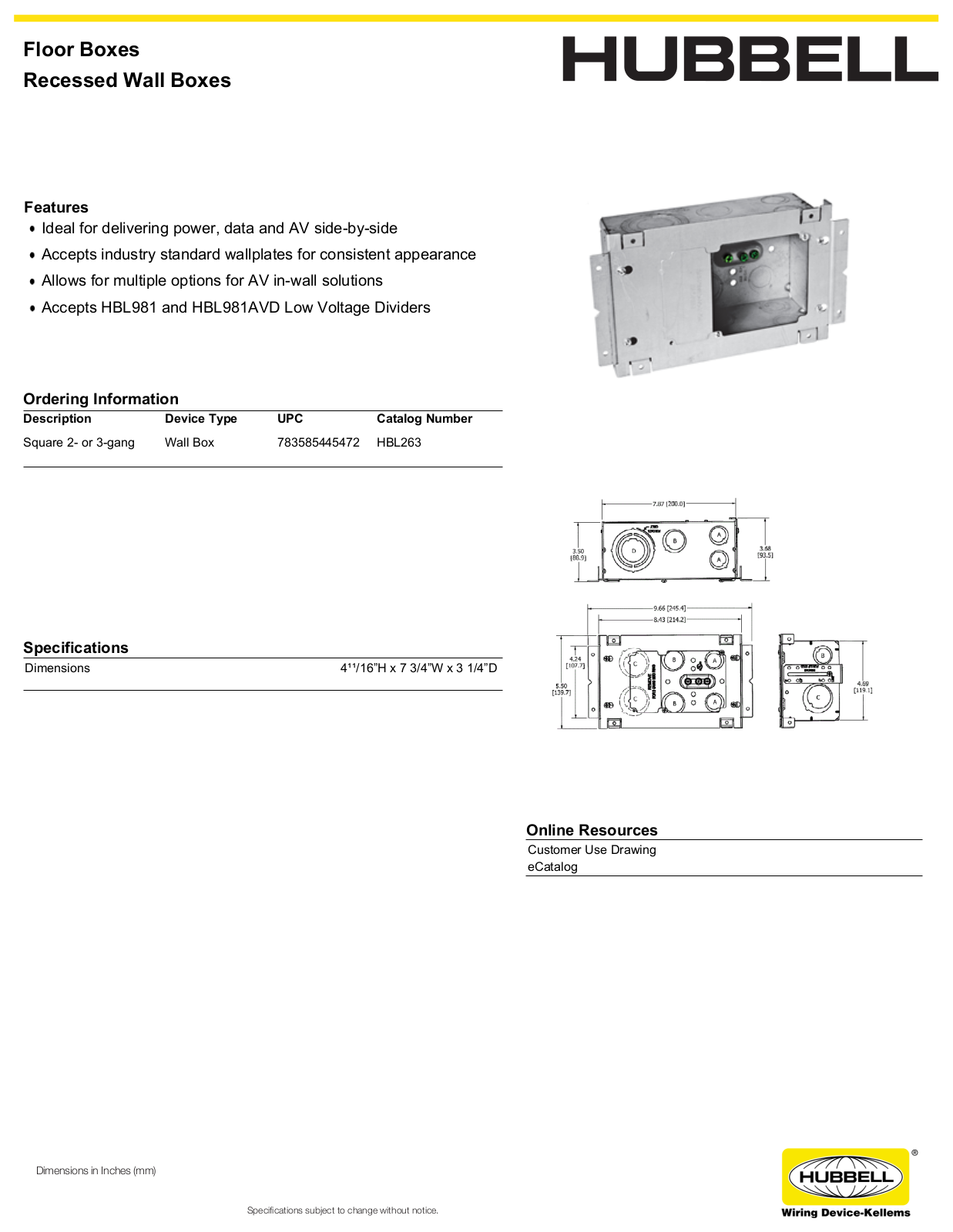 Hubbell HBL263 Specifications