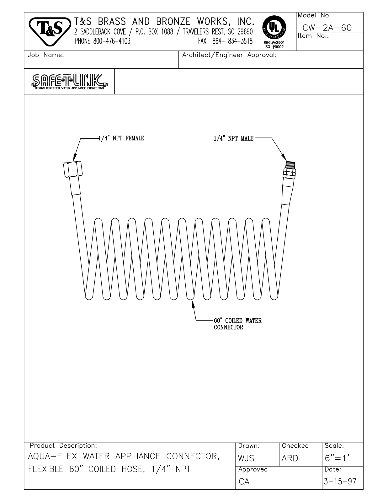 T&S Brass CW-2A-60 User Manual