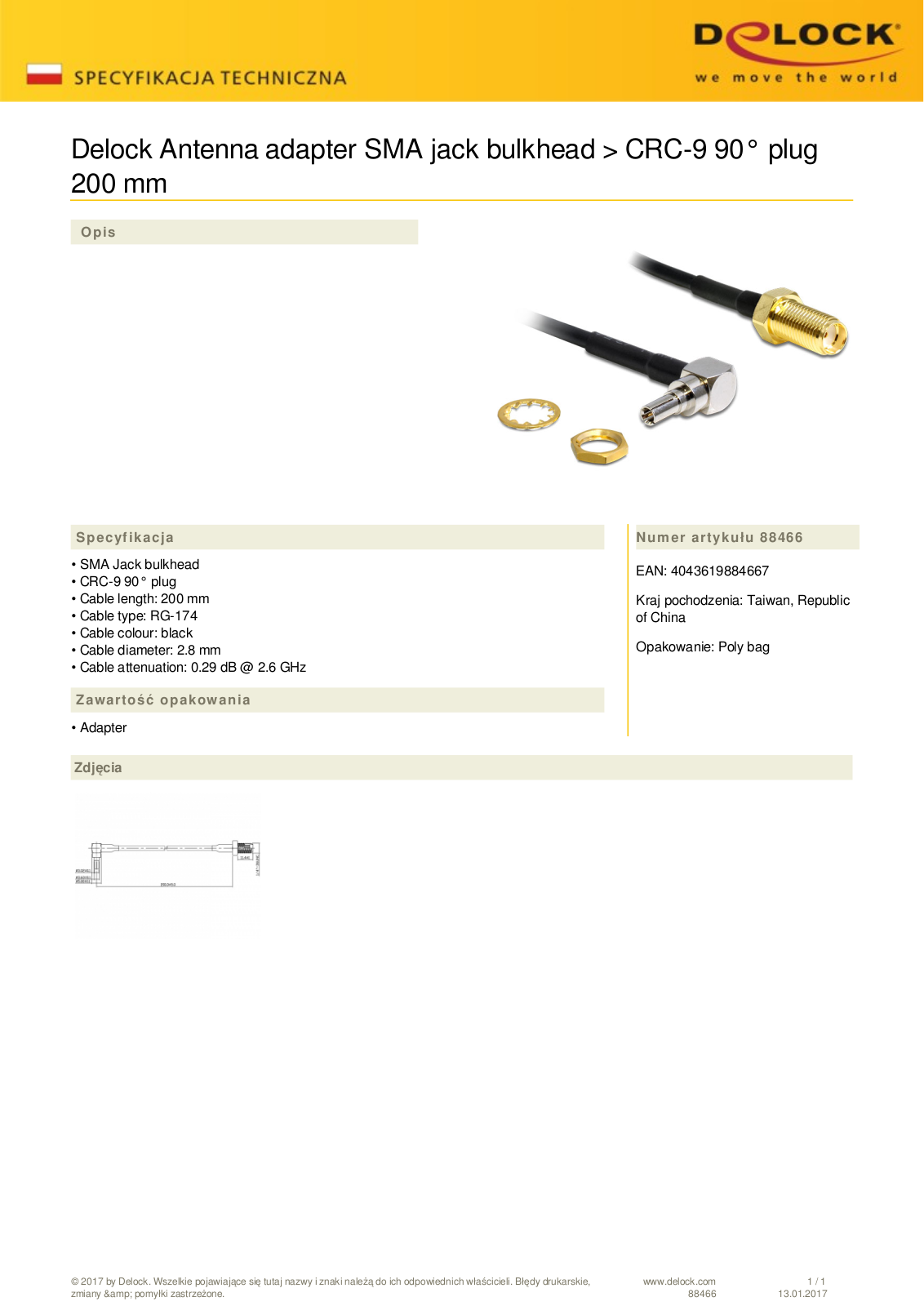 DeLOCK coaxial cable SMA socket installation on CRC-9 90 plug 200mm User Manual