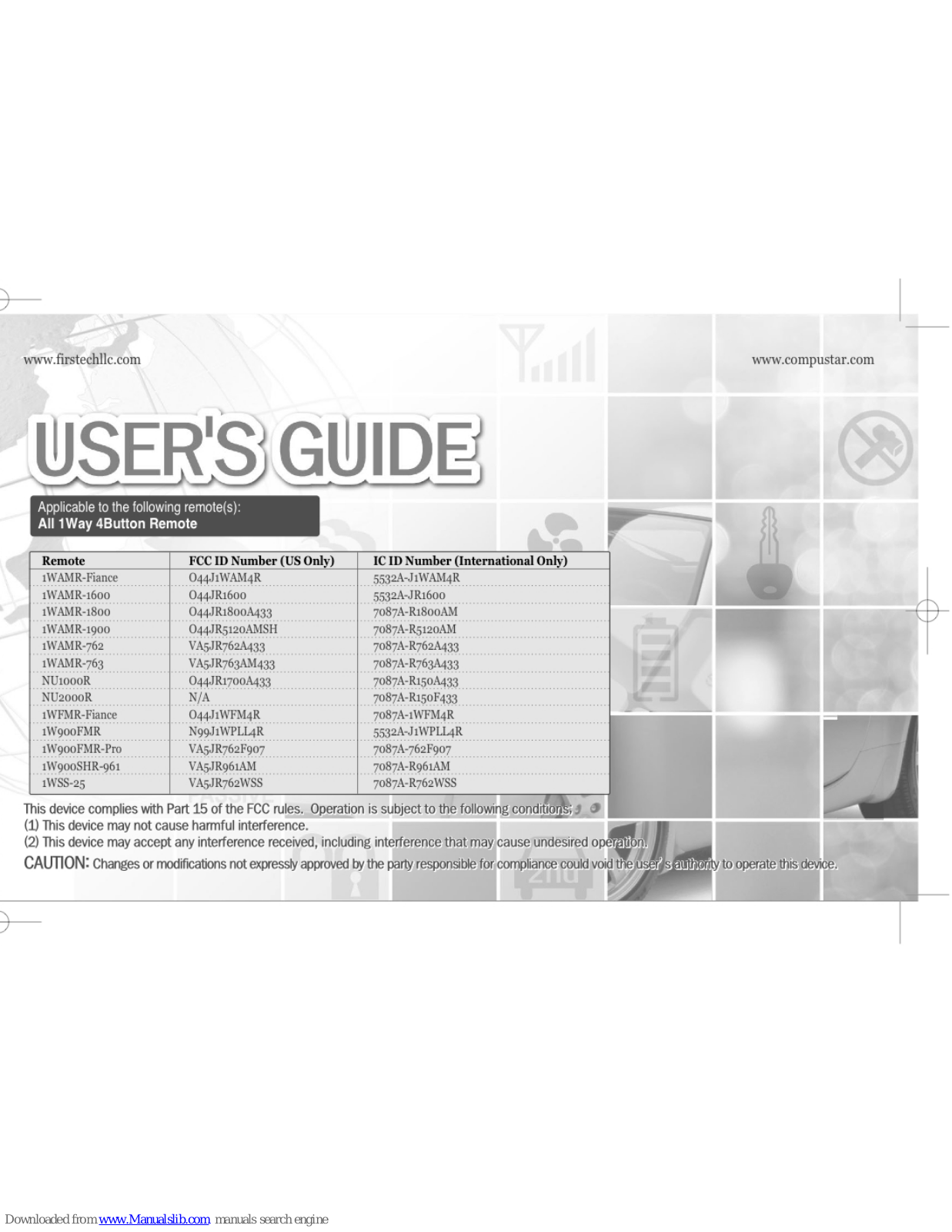 Firstech 1WAMR-Fiance, 1WAMR-1600, 1WAMR-1800, 1WAMR-1900, 1WAMR-762 User Manual