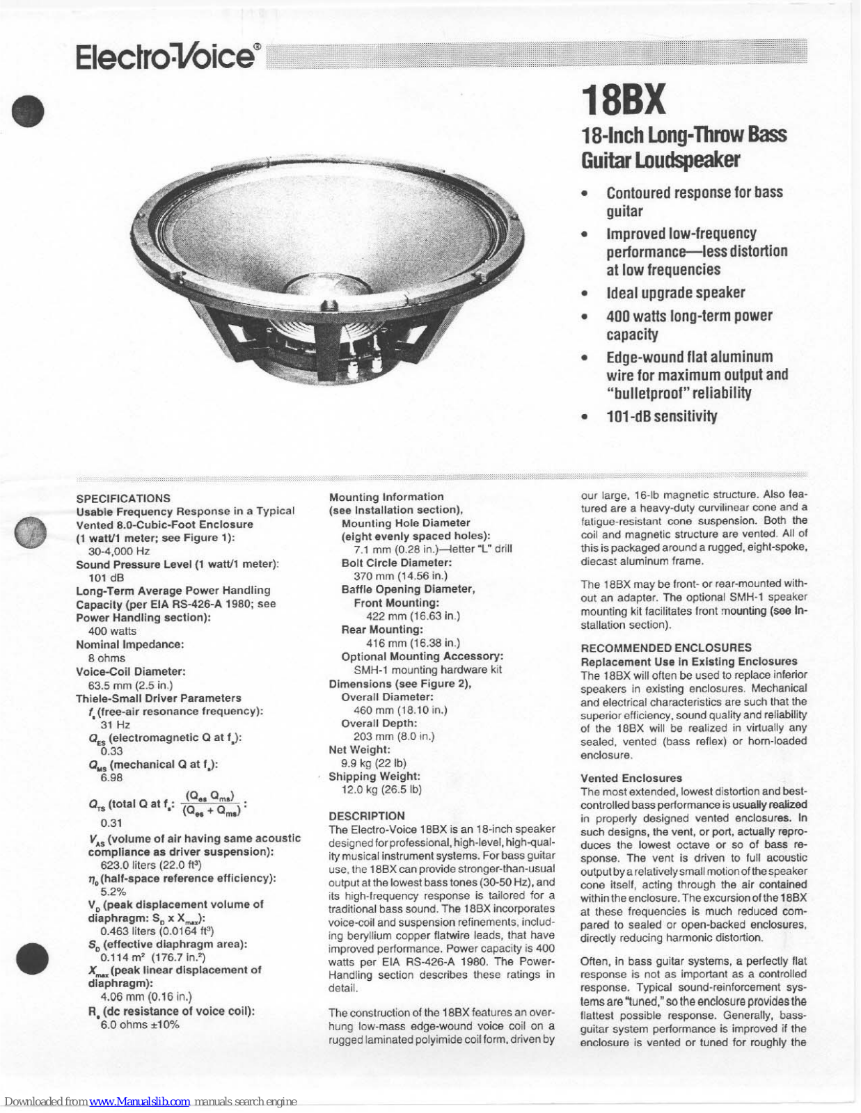 Electro-Voice 18BX Specifications