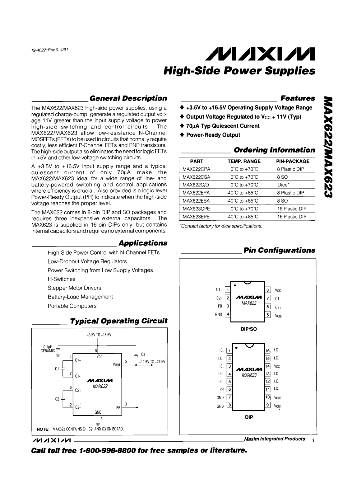 Maxim MAX623EPE, MAX623CPE, MAX622ESA, MAX622EPA, MAX622CPA Datasheet