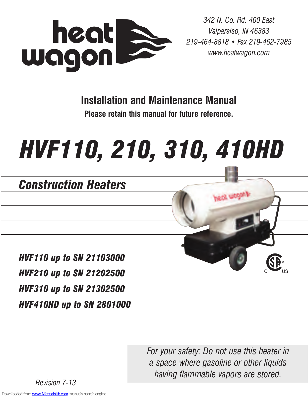 Heat Wagon HVF110, 310, 210, 410HD Installation And Maintenance Manual