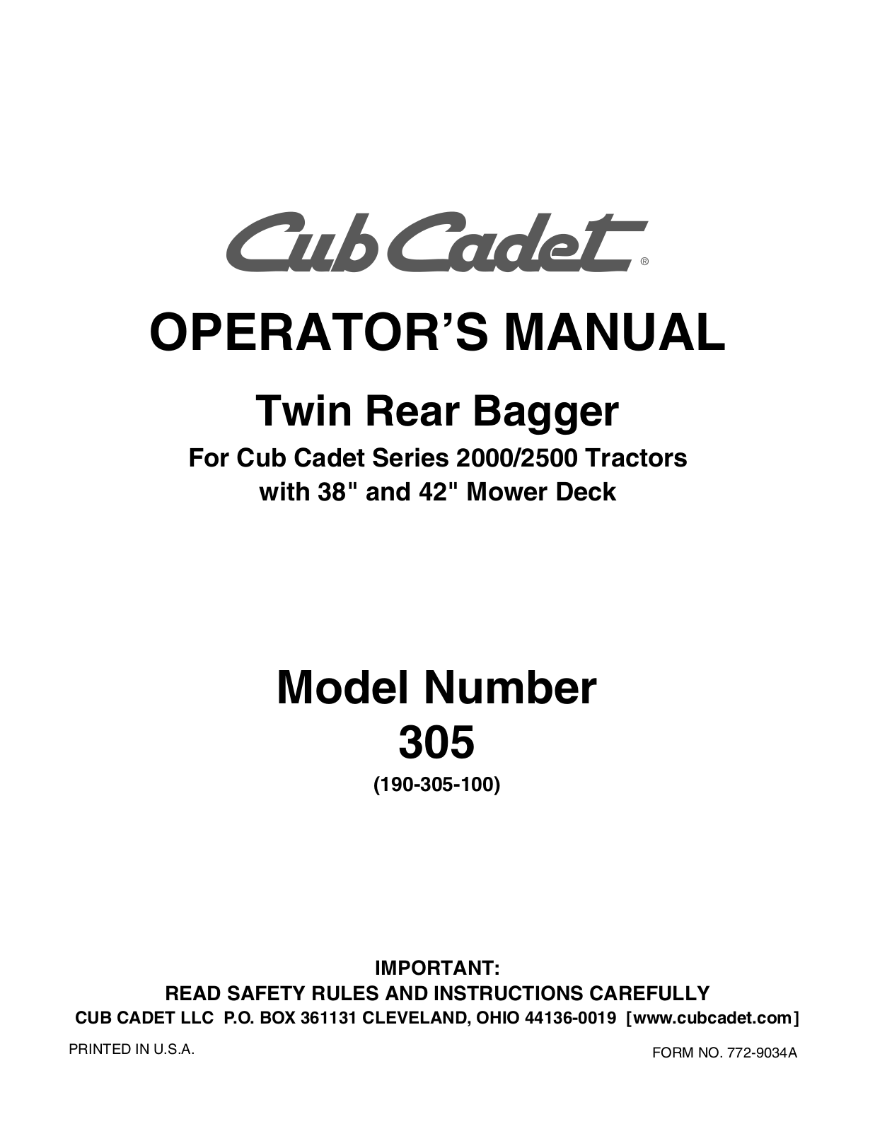 Cub Cadet 305 User Manual