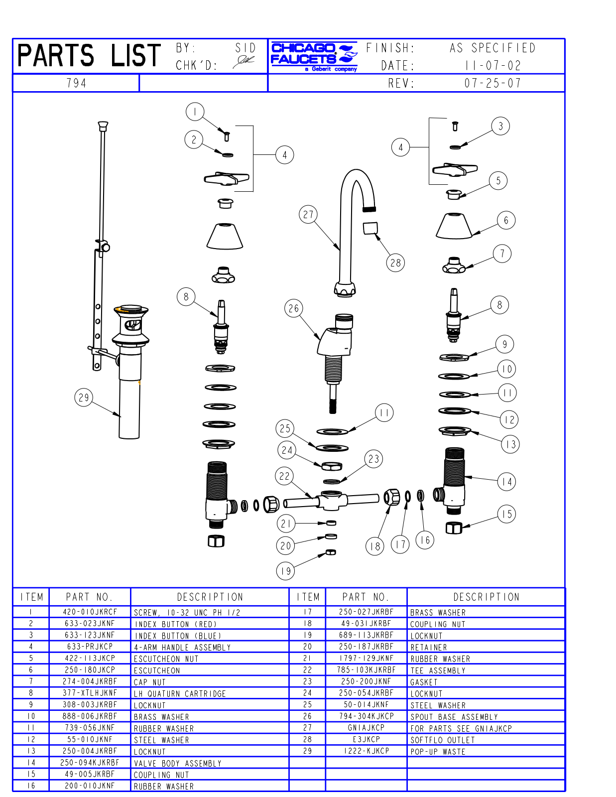 Chicago Faucet 794 Parts List