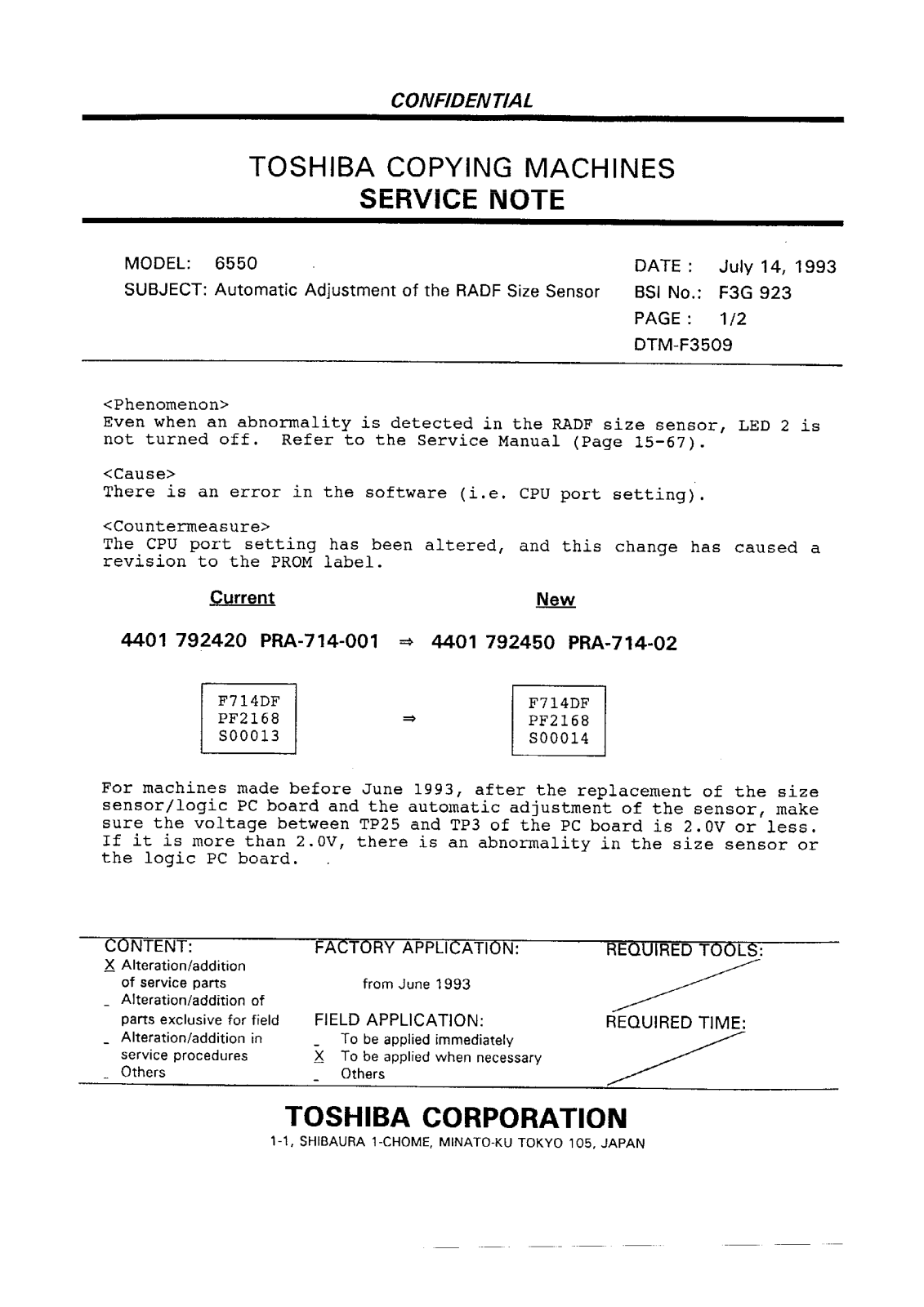 Toshiba f3g923 Service Note