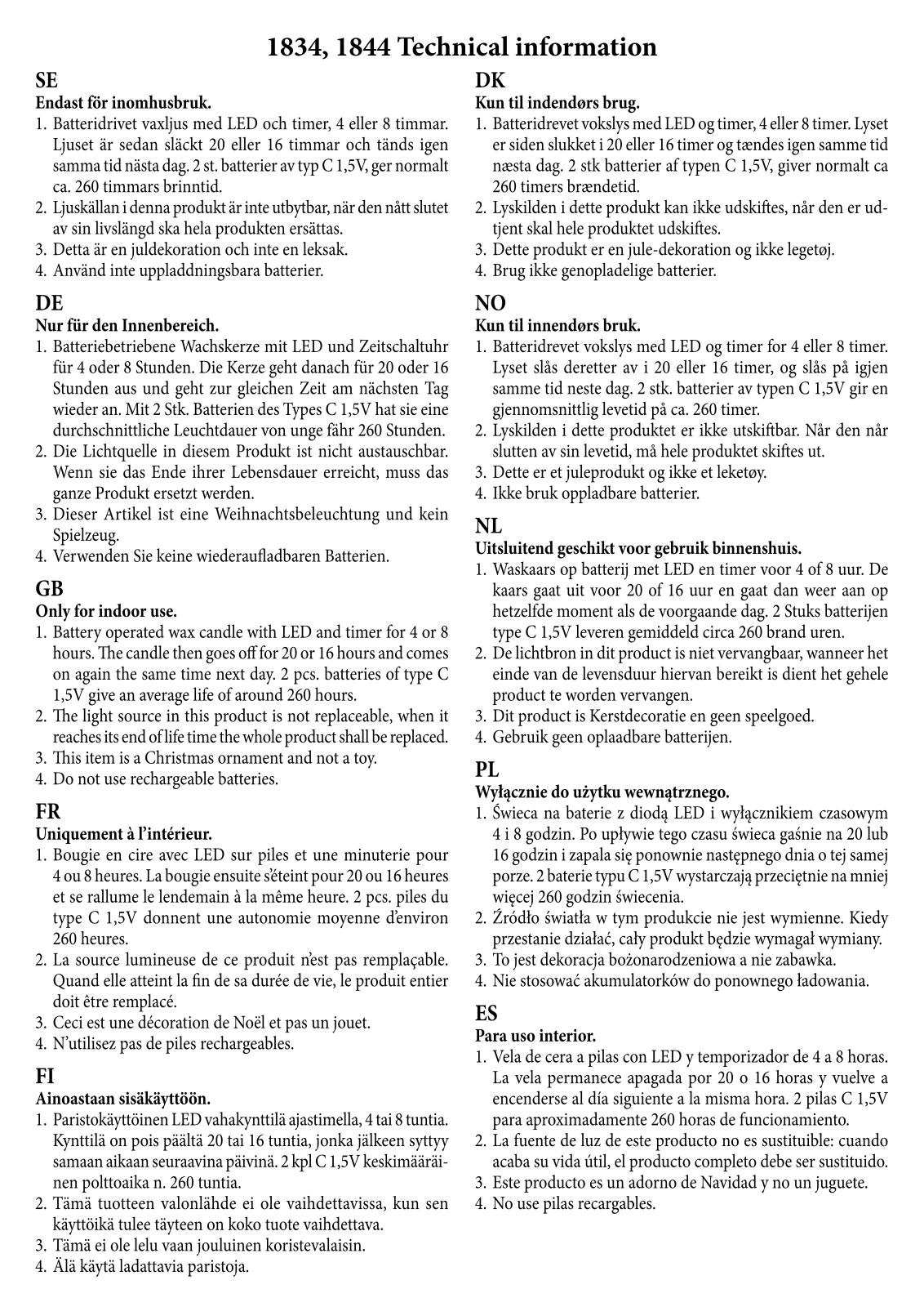 Konstsmide 1834, 1844 Technical Information