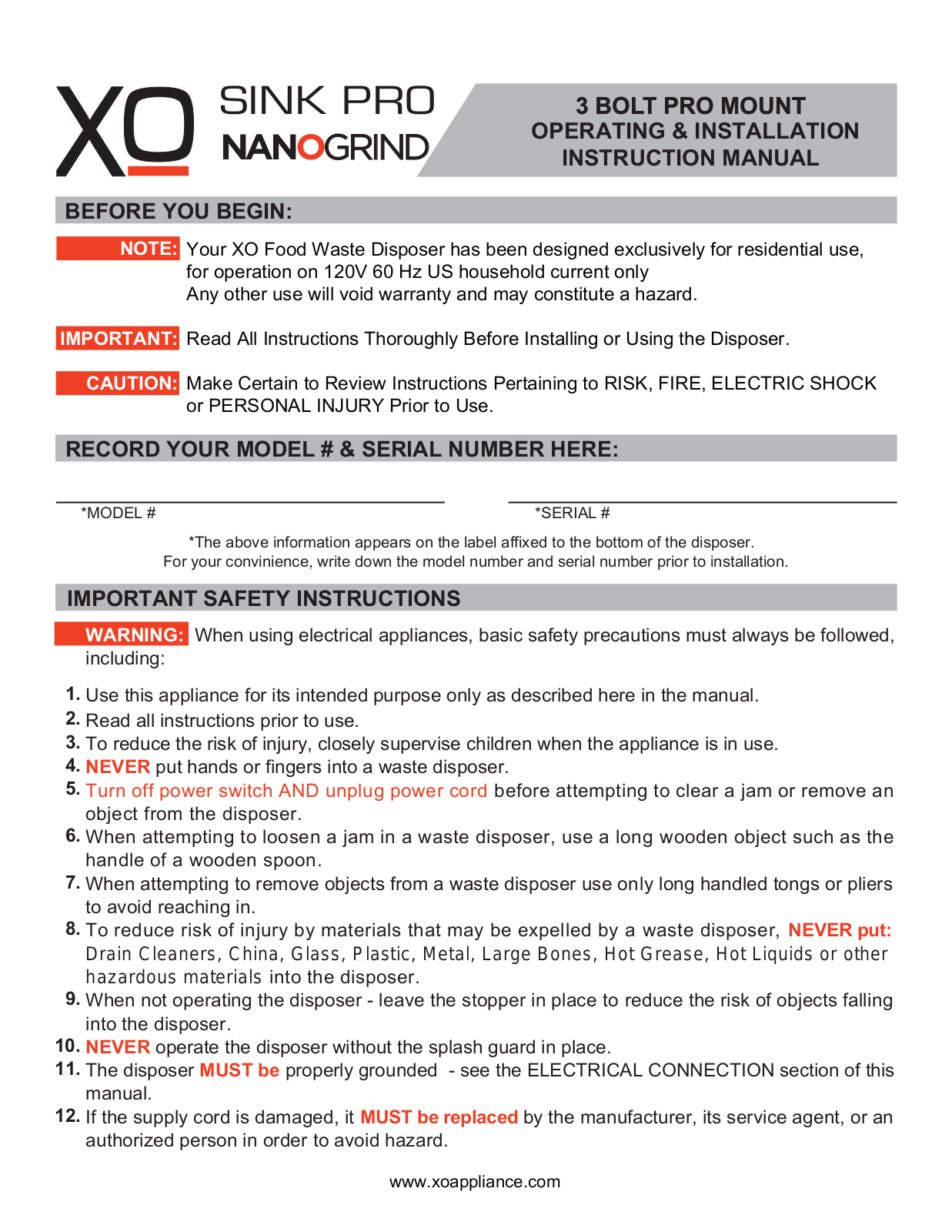 XO XOD1PROBF, XOD12PRO, XOD1PRO, XOD34PRO User Manual