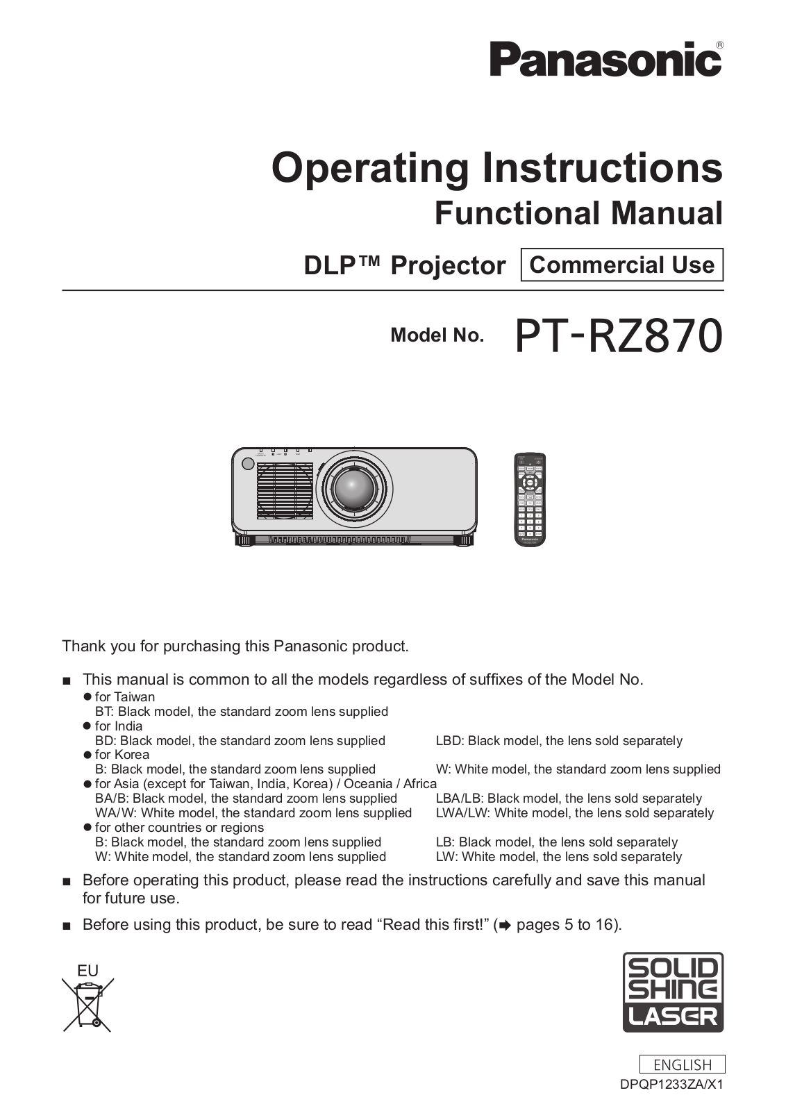 Panasonic PT-RZ870WU, PT-RZ870LWU, PT-RZ870LBU, PT-RZ870BU User Manual