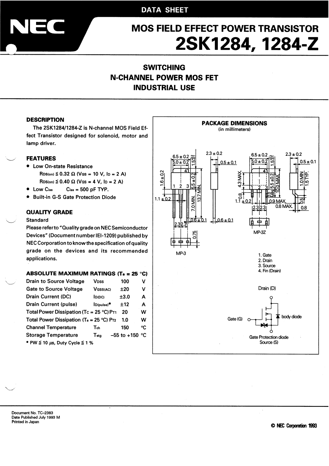 NEC 2SK1284, 2SK1284-Z Technical data