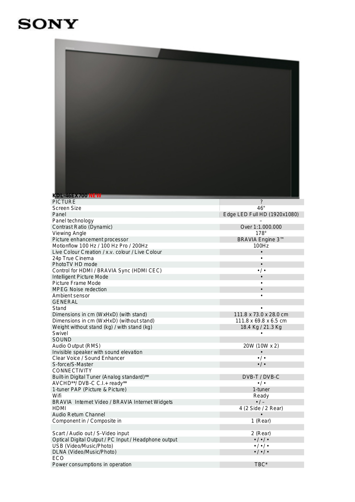 Sony KDL-46EX700 BROCHURE