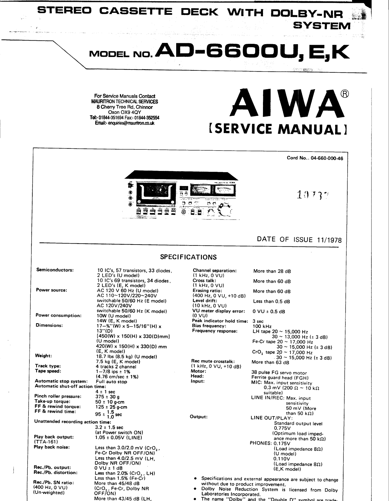Aiwa AD-6600U, AD-6600E, AD-6600K Schematic
