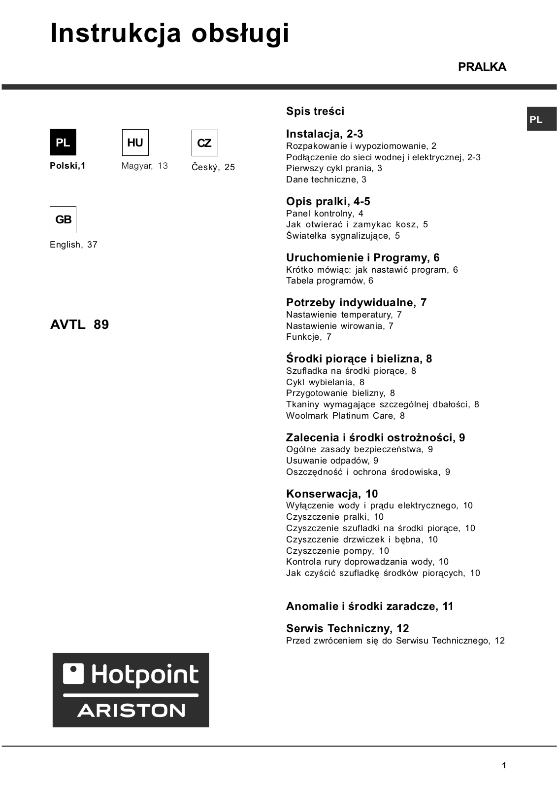 Hotpoint AVTL 89 User Manual