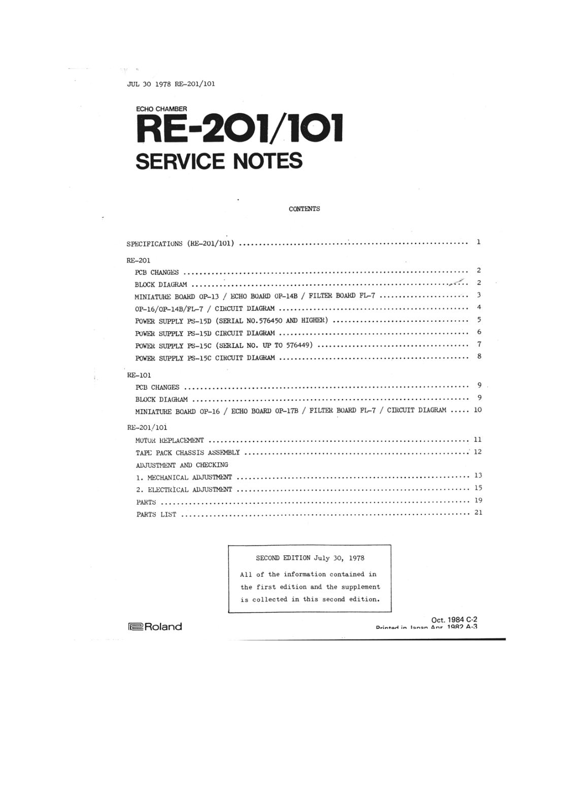 Roland RE-101, RE-201 Service Manual